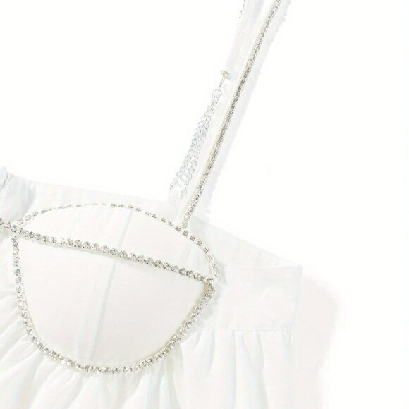 White Casual Women's Spaghetti Strap Rhinestone Cutout Mini A-Line Dress - Picture 10 of 10
